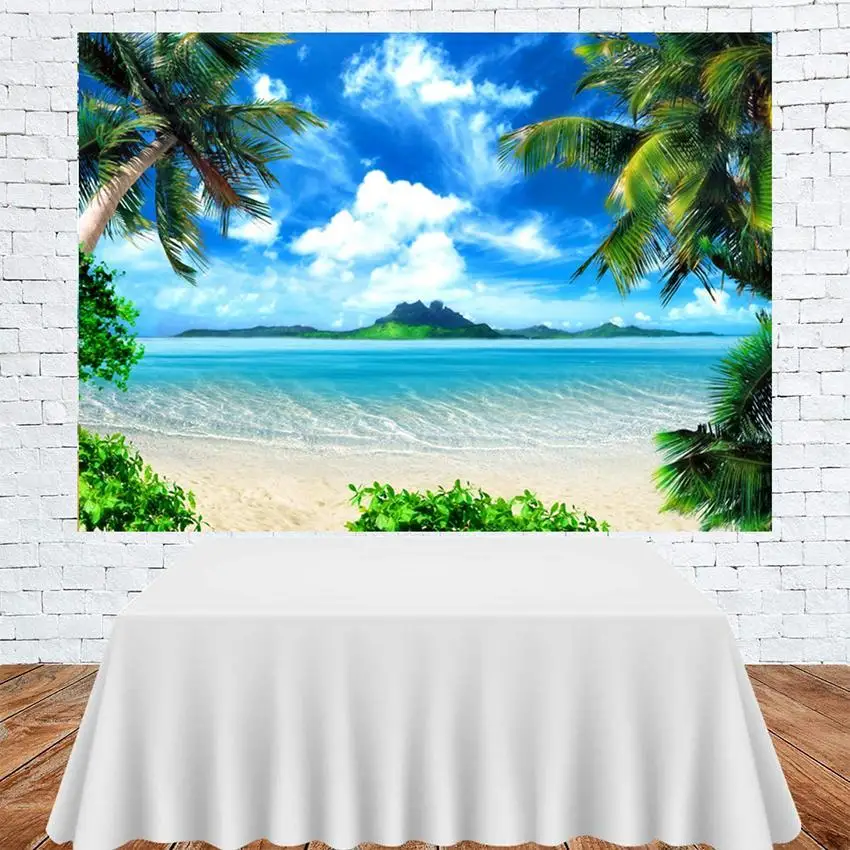 

Summer Seascape Coconut Trees Beach Waves Blue Sky White Clouds Background Children Room Decoration Photography Studio Backdrop