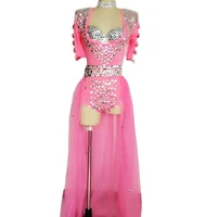 pink three piece suit handmade sparkling rhinestones gauze floor length decoration bodysuit women nightclub dance stage wear