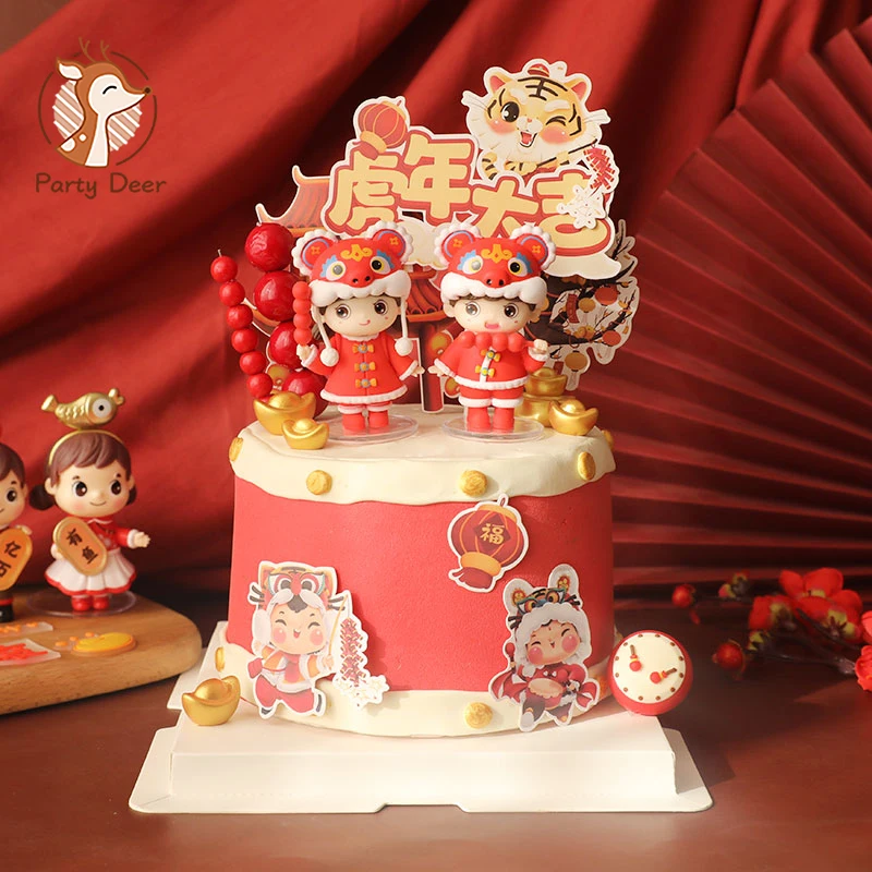 

Dance Lion Doll Cake Topper Red Cute Boy and Girl For Christmas Party Cake Decorations Tiger Baby Gifts New Year Celebrations