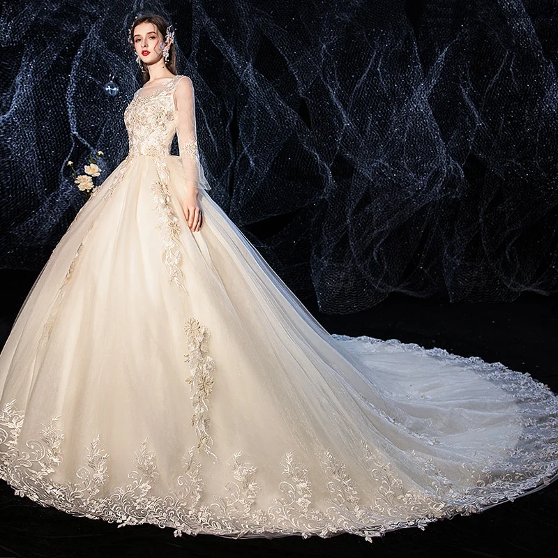 

Wedding Dress 2021 New Bride Slim Off Shoulder Long Sleeve Mori Simple French Dream Tailed Wedding Dress