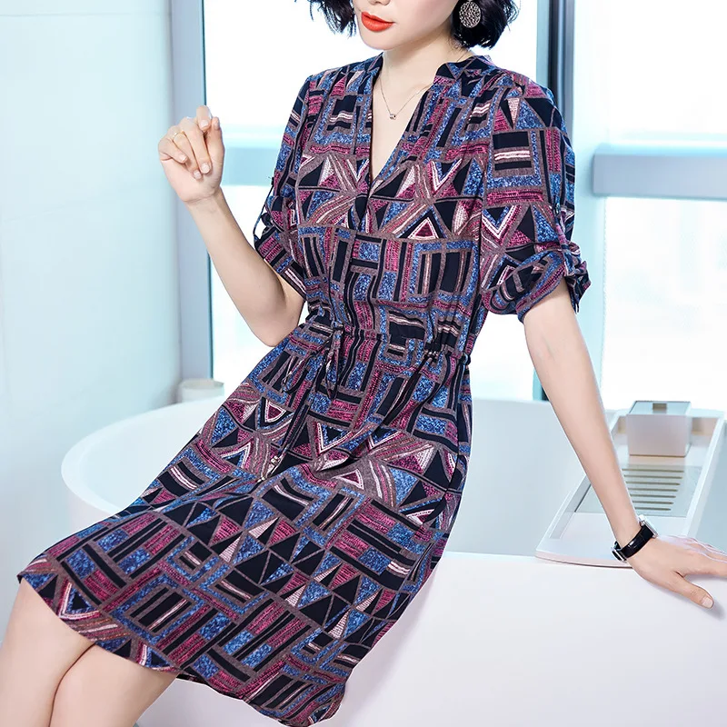 Летнее платье из натурального шелка Женское корейское модное миди с принтом