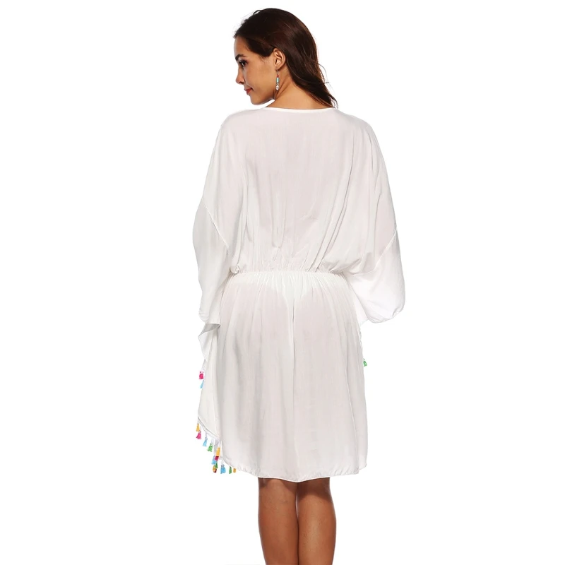 

Women Floral Embroidery Bathing Suit Cover Up Tassel Elastic Waist Beach Dress
