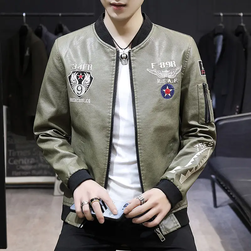 Новое поступление мотоциклетная кожаная куртка с вышивкой мужские кожаные