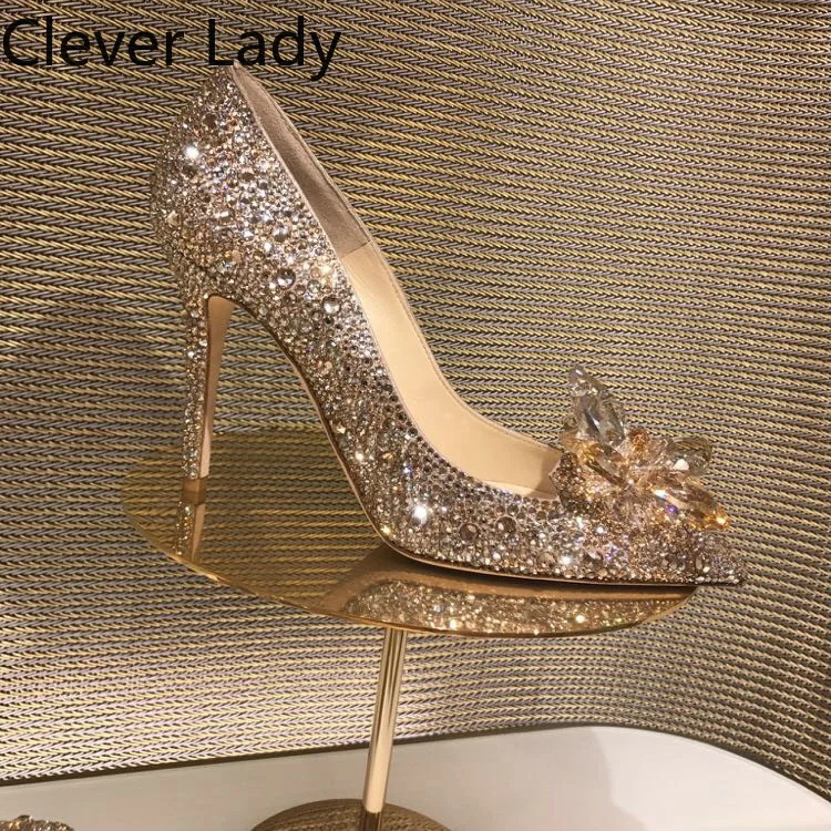

Clever Lady Classic New High Heels Women Pumps Pointed Toe Woman Cinderella Shoes Rhinestone Crystal Party Wedding Shoes 5/7/9cm
