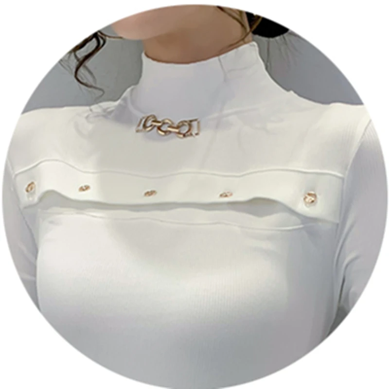 

Spring Fall Korean Style T-Shirt Women Fashion Sexy Button Hollow Out Tops Ropa Mujer All Match Cotton Tees 2021 New T0N226A