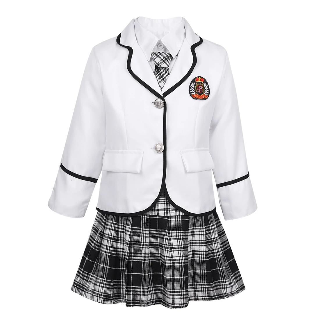 

Kids Girls Student Outfit British Style School Uniform Anime Cosplay Costume Suit Long Sleeve Coat with Shirt Tie Mini Skirt Set