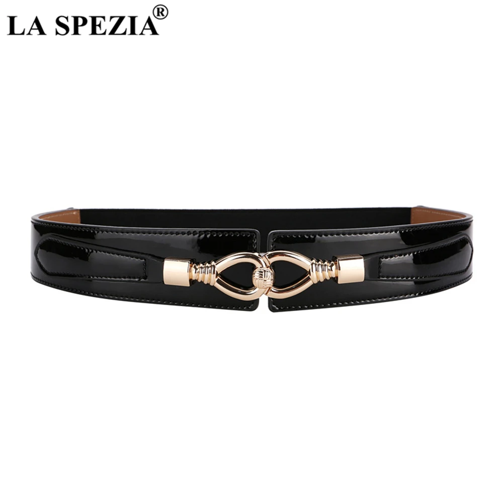 

LA SPEZIA Patent Leather Women Belt Solid Black Elastic Waist Belt Genuine Leather Ladies Stretch Belt Female Accessories