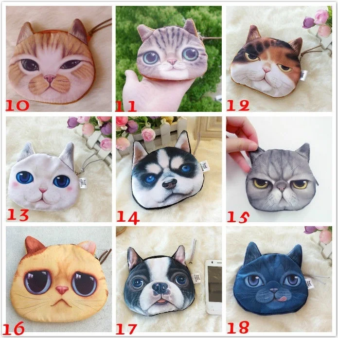 22 цвета бумажники для монет кошелек собак 3D милый сумка животное лицо молния мини