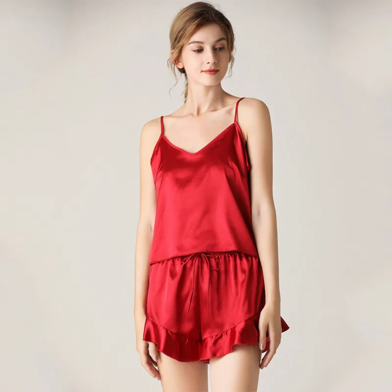 

Women Pajamas Summer Ladies Imitation Homewear Silk V-neck Suspender Shorts Two - Piece Fashion Sexy Sleepwear Sleep Tops