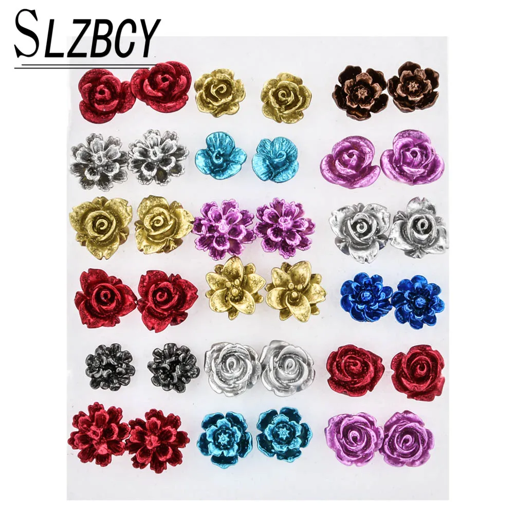 Женские серьги гвоздики с цветными розами 18 пар/компл. разноцветные полимерные