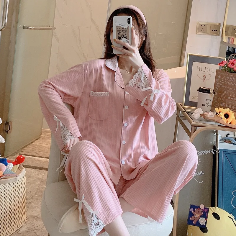 

2pcs Women Pink Pajamas Set Nightwear Cotton Lace Sleep Sets Homewear Long Sleeve Pijamas Suit Casual Sleepwear Shirt&Pants