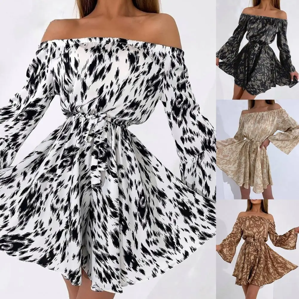 

Stylish Casual Ladies Dress Flare Sleeve Printing Off Shoulder Elegant High Waist Elegant Dress for Party Daily Wear