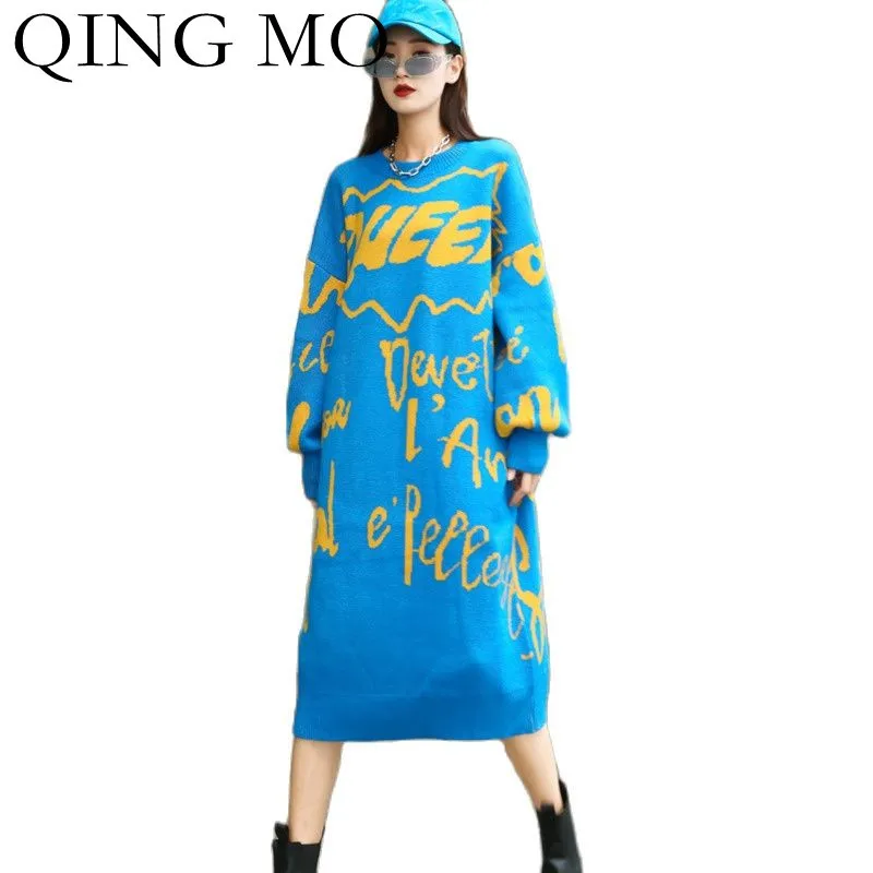 

Женское трикотажное платье с надписью QING MO, свободное тонкое платье черного цвета, Осень-зима 2021