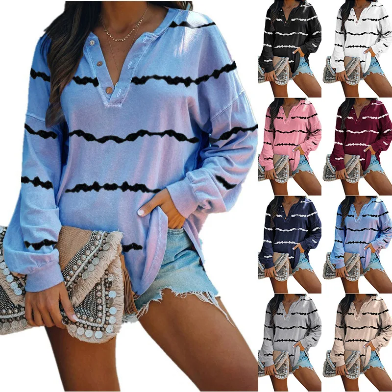 

Shirts for Women Tops for Women Full Sleeves Button Batwing Sleeve Tees Striped V-Neck Summer Plus Size Women Fashion Clothing