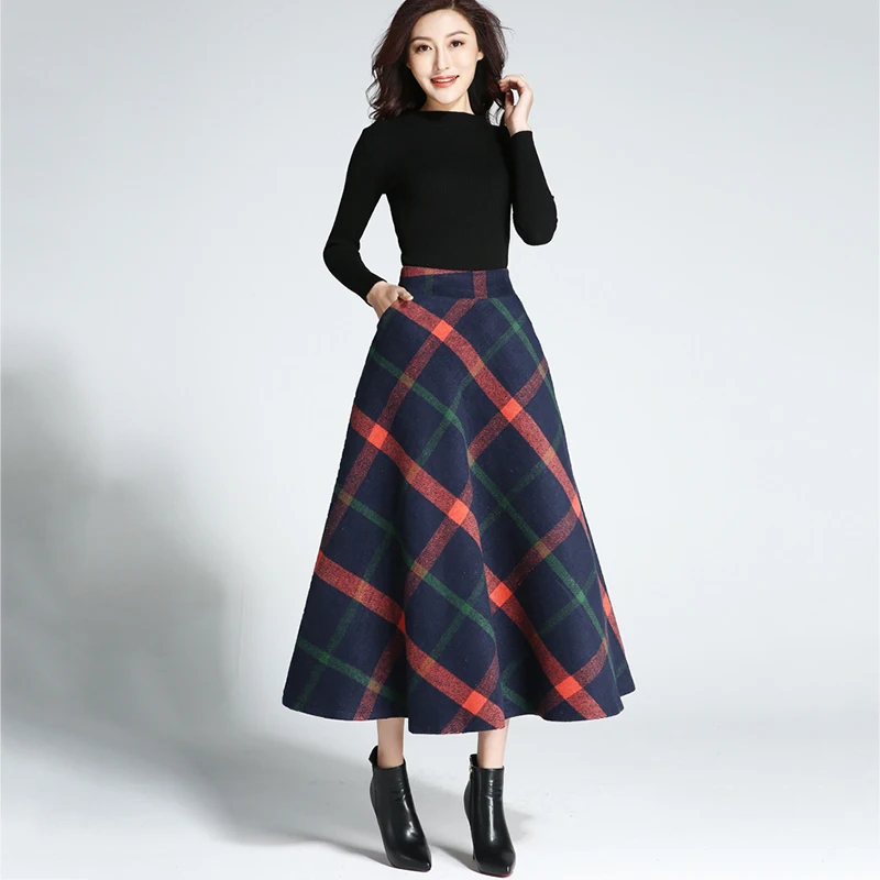 Women Skirts Autumn Winter High Waist Warm Thick Wool Blends Plaid Elegant Pleated Patchwork Chic Pocket Long Skirts Female