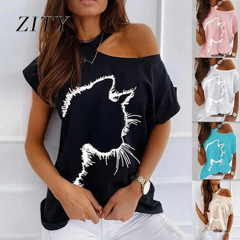 

2021 Летняя женская футболка с круглым вырезом на шее, женщина-кошка, пуловер с принтом в виде сексуальный топ с открытыми плечами уличной мод...