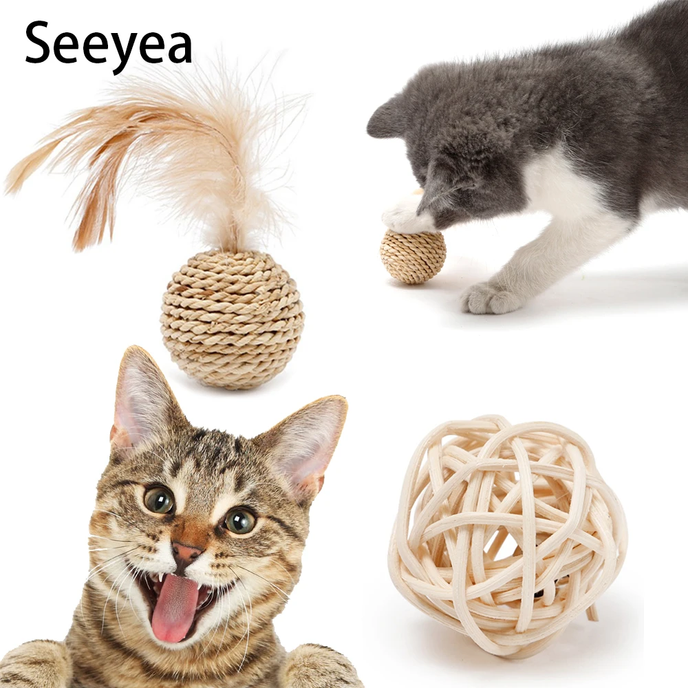 

Pet Cat Ball Set Sisal Rope Woven Feather Toy Cat Ball Rattan Bell Sound Woven Ball Chew Funny Cat Interactive Toy Products