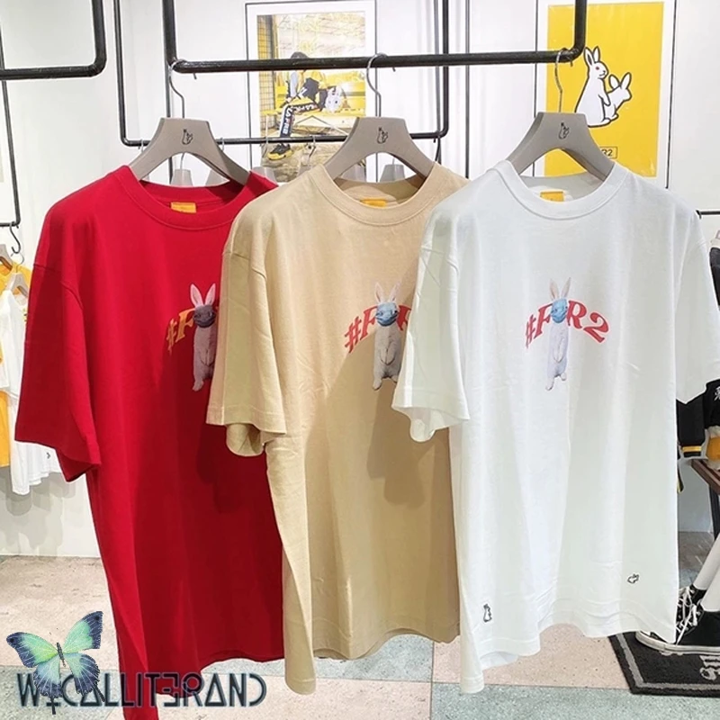 

Summer Japan Style #FR2 Bunny Headgear Printing T-shirt Men Women Fashion Streetwear T Shirt Knitted Rabbits Two Logo T-shirts