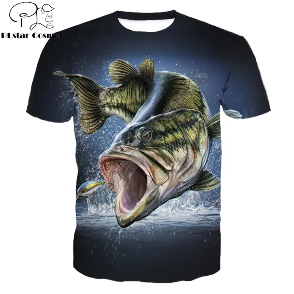 PLstar Cosmos Animal Fishing Art Harajuku casual t-shirt Cool Chase Hook Fish Print Fashion 3D Short sleeve T-shirt Dropshipping