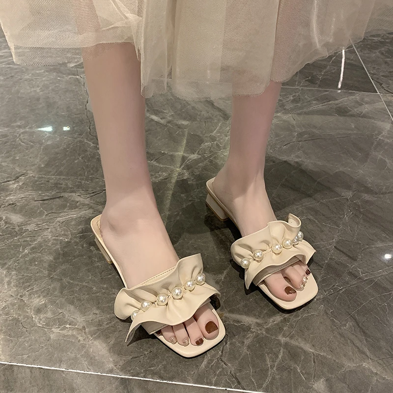 

Slippers Casual Med Shoes Square heel Women Heels Slides Pantofle Luxury Block Soft Summer High 2021 Scandals Rome Pumps Rubber