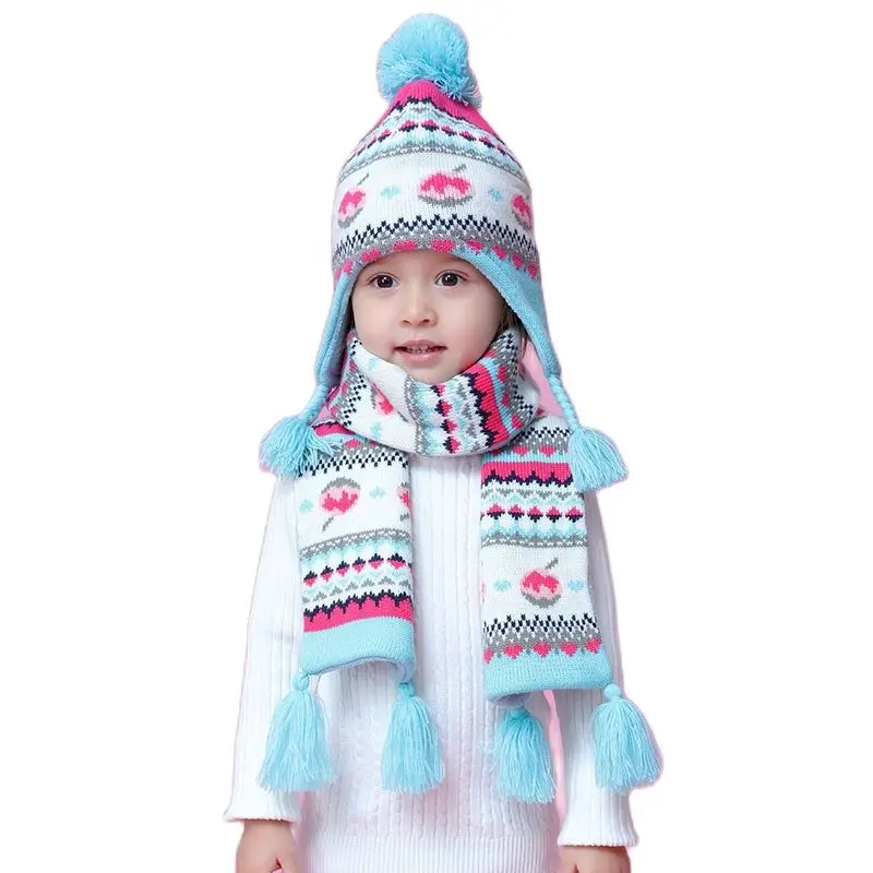 

Blue Peach Ear Protection Cap for Baby Girl Knitted Hat with Velvet Warm Winter Girls Hat and Scarf