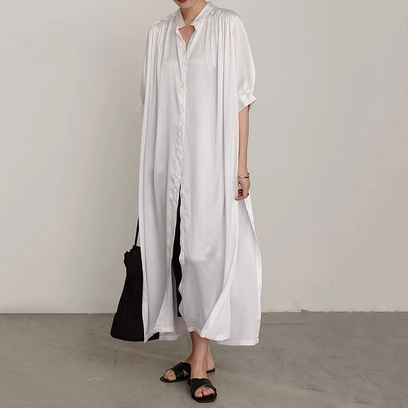 

[EAM] Women White Button Bandage Big Size Blouse New Stand Collar Long Sleeve Loose Fit Shirt Fashion Spring Autumn 2021 JU814