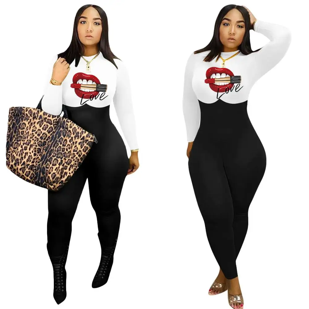 

2020 Plus Size L-4XL Workout Activewear Zippers Love Patchwork Romper Womens Jumpsuit Long Sleeve Fitness Bodycon Overalls
