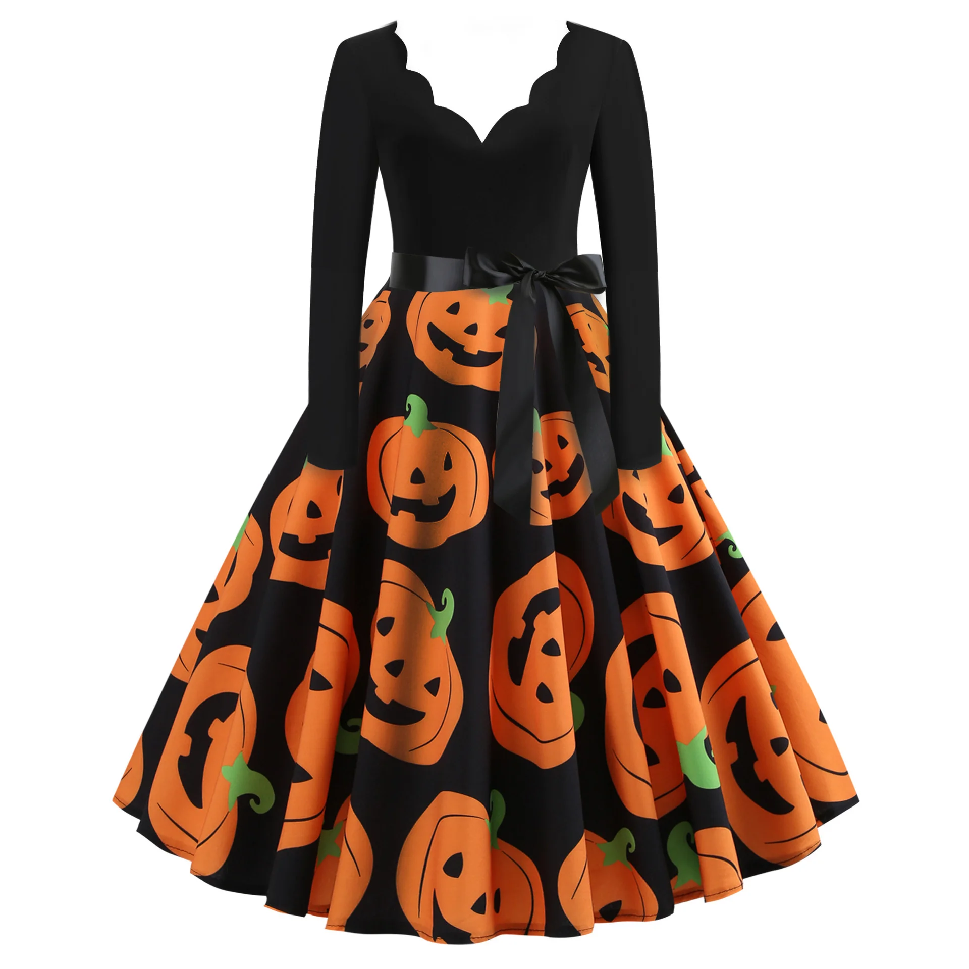 

Halloween Women's Long Sleeved Pumpkin Print Ribbon Waist Wind Swing Dress