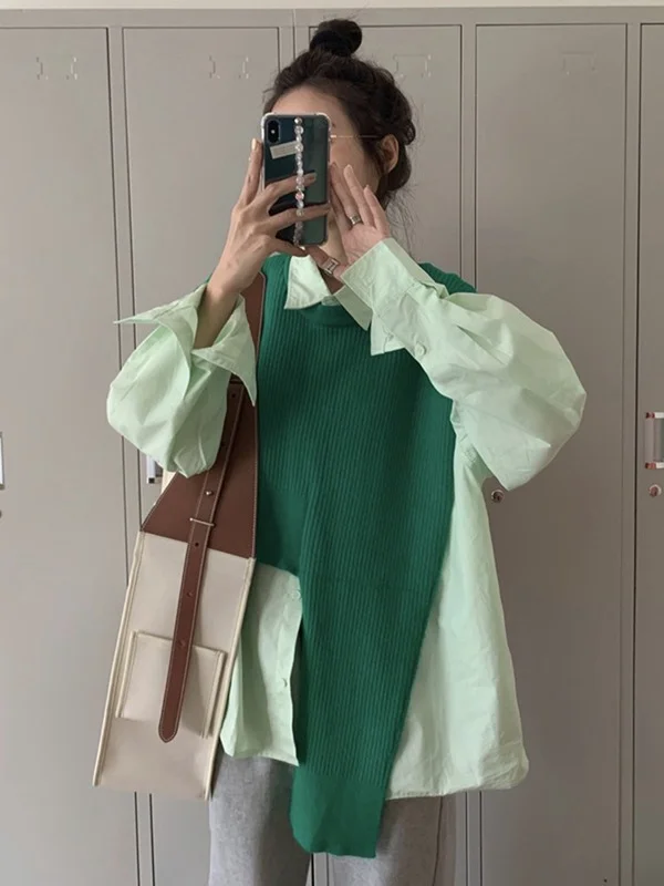 Irregular Knitted Vest Loose Single Breasted Long Sleeved Green Shirt Top Women Two-piece Blusas Mujer De Moda 2021 Verano