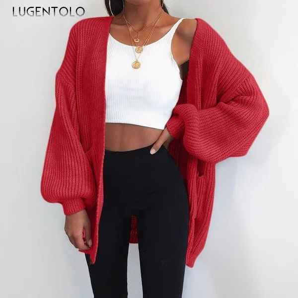 

Women Sweater Autumn Long-Sleeved Casual Solid Color Loose Cardigan Sweaters Pocket Knitted Midi Sweater Lugentolo