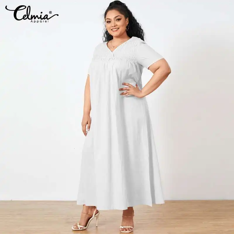 

Celmia 2021 Summer V-neck Sundress Women Bohemian Holiday Short Sleeve Maxi Dress Casual Loose Party Long Vestidos Plus Size