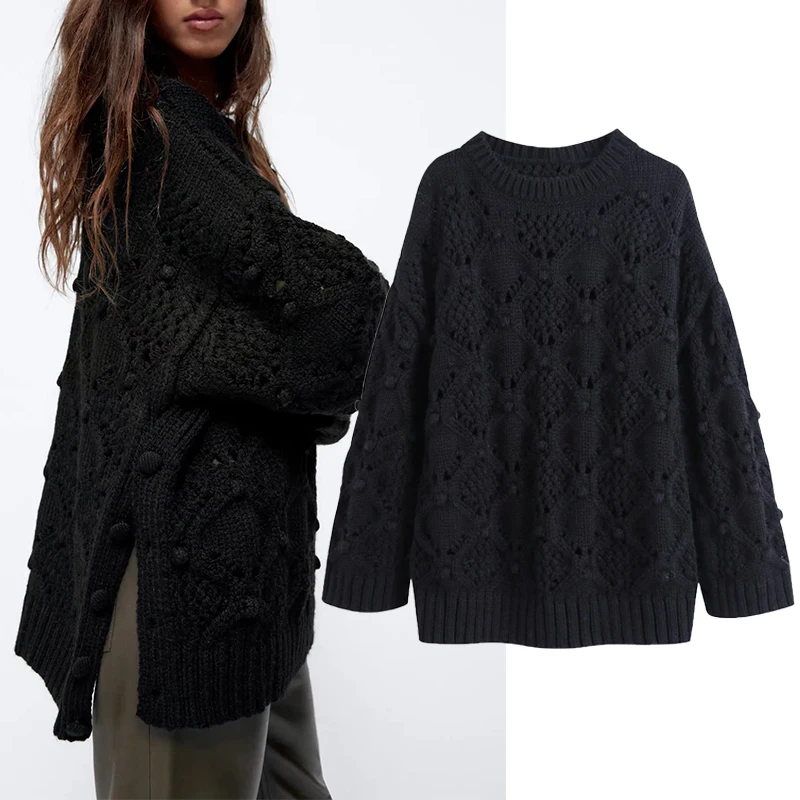 

Женский вязаный свитер ZA, однотонный пуловер с круглым вырезом и длинным рукавом, Повседневная модная уличная одежда свободного покроя, Осе...