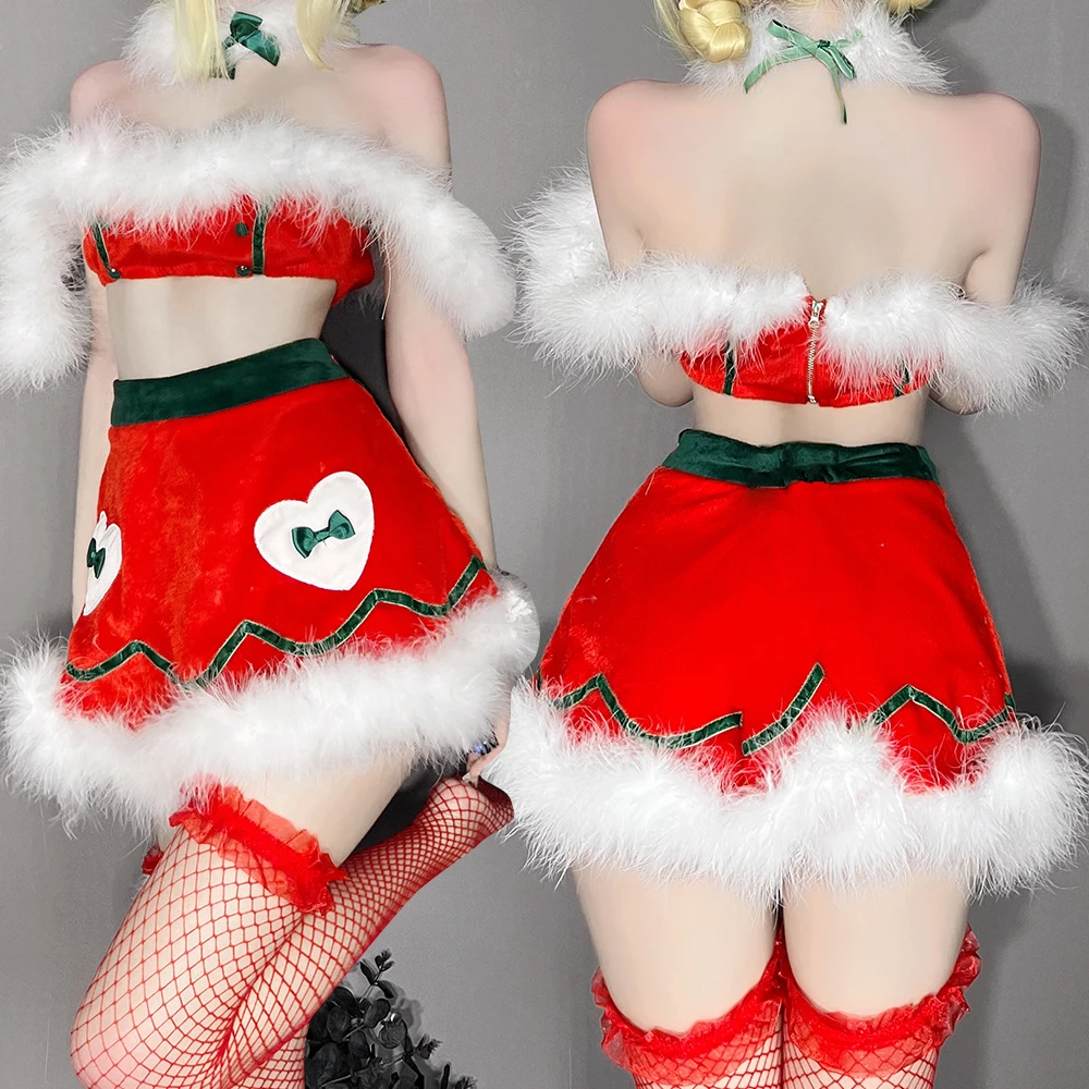 

Feather Lace Christmas Suit Tube Top Split Sexy Uniform Temptation Red Stockings Cute Headdress Cosplay Costume
