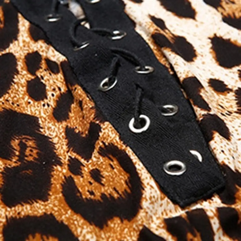 

Women Sexy Leopard Print Lace Up Deep V Neck Sleeveless Jumpsuit Slim Bodysuit