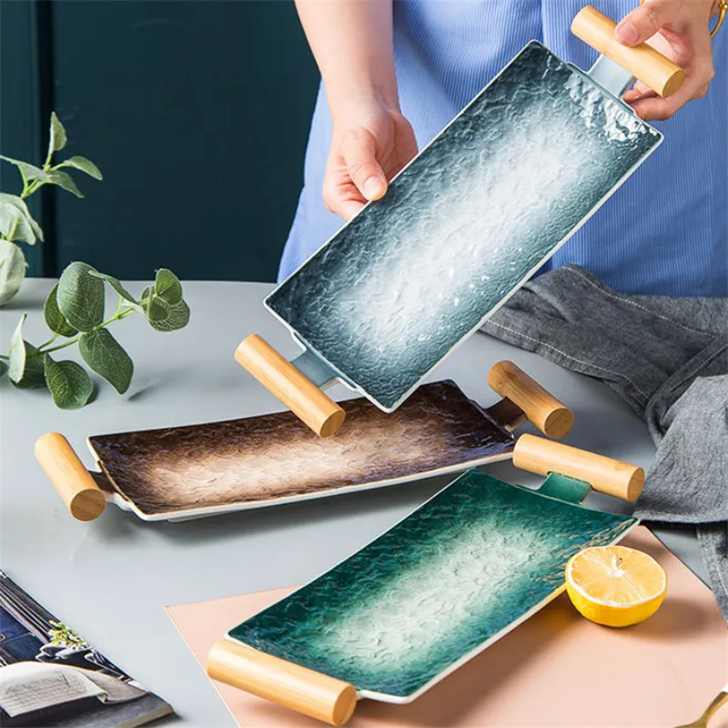 Японская керамическая прямоугольная тарелка для суши с деревянной ручкой