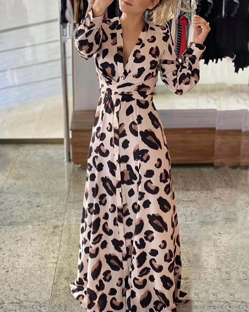 

Womens Spring Autumn Dress Plus Size V Neck Long Sleeve Leopard Print Dresses Ladies Loose Dresses Vintage Dress 2021 New