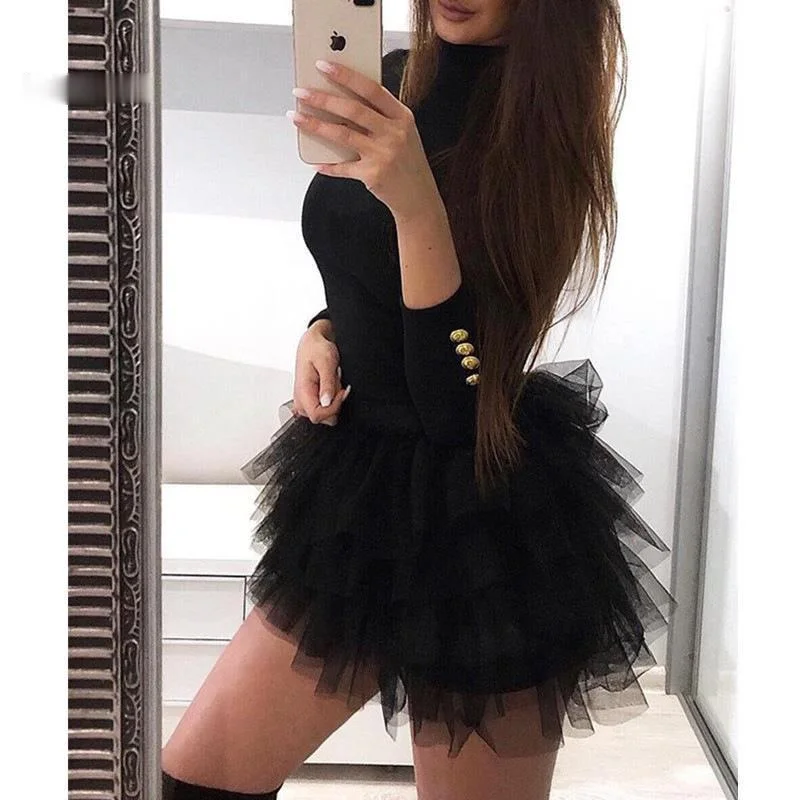 

Women Buttoned Cascading Ruffle Design O-neck Chic Black Long Sleeve Spring Fall Dress Solid Organza Spliced Mini Dress