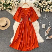 women french red summer dress 2021 fashion vintage slim high waist short sleeve midi dresses elastic party gown female sundress
