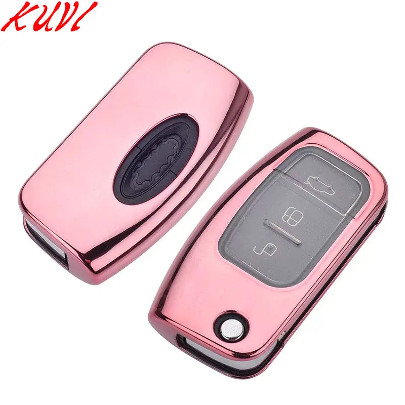 pink Мягкий чехол для ключей из ТПУ для Ford Fiesta Focus 2 Ecosport Escape Car Flip Складной Дистанционный чехол для ключей 3 кнопки - Название цвета: pink