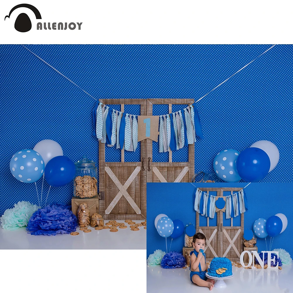 

Allenjoy Child Birthday Cake Smash Photography Backdrop Blue Street Biscuit Balloon Door Baby Shower Photobooth For Photo Studio