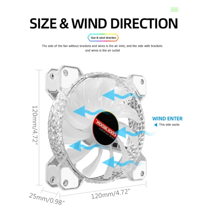 

COOLMOON 12cm 4PIN 12V Cooling Fan for Desktop Chassis CPU PWM 3PIN ARGB AURA Radiator Cooler