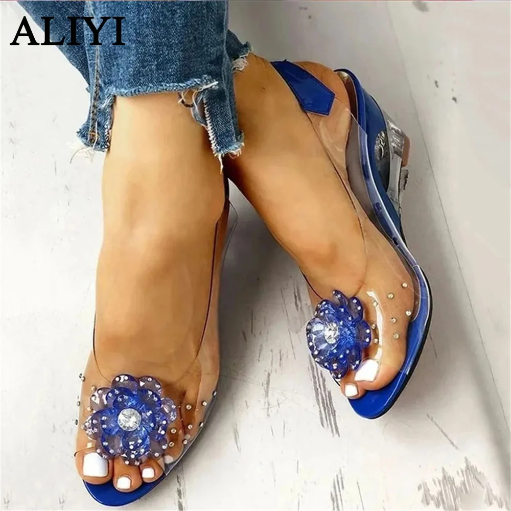 

Women Flower Sandals 2021 Summer New Elegant Bling Rhinestone Wedge Fish Mouth Ladies Pumps 35-43 Larged-Size Female Dress Shoes