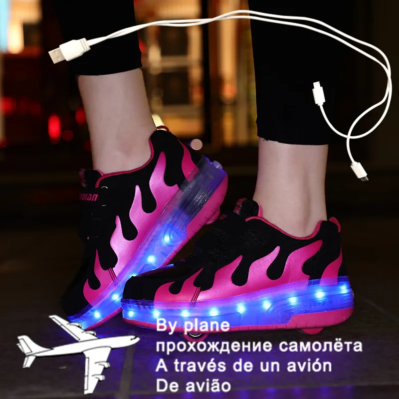 Дети Мальчики светящиеся белые кроссовки с двойной два колеса роликовые коньки