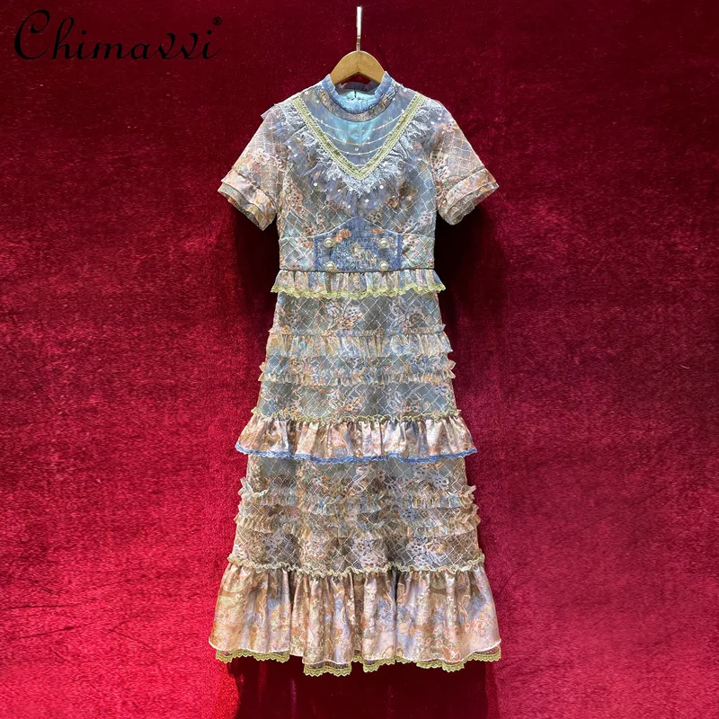 

Vintage Court Style Printed Lace Layered Ruffled Long Dress 2021 Summer New Round Collar Short Sleeve Dress