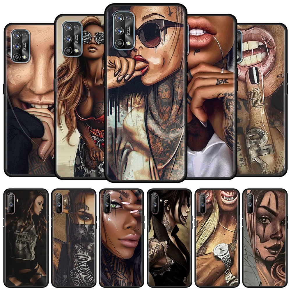 

Black Soft Case For Realme 6 7 Pro C3 5 8 XT GT Neo X50 C15 C11 C21 C25 7i Luxury Shockproof Phone Cover Cool Tattoo Girl Shell