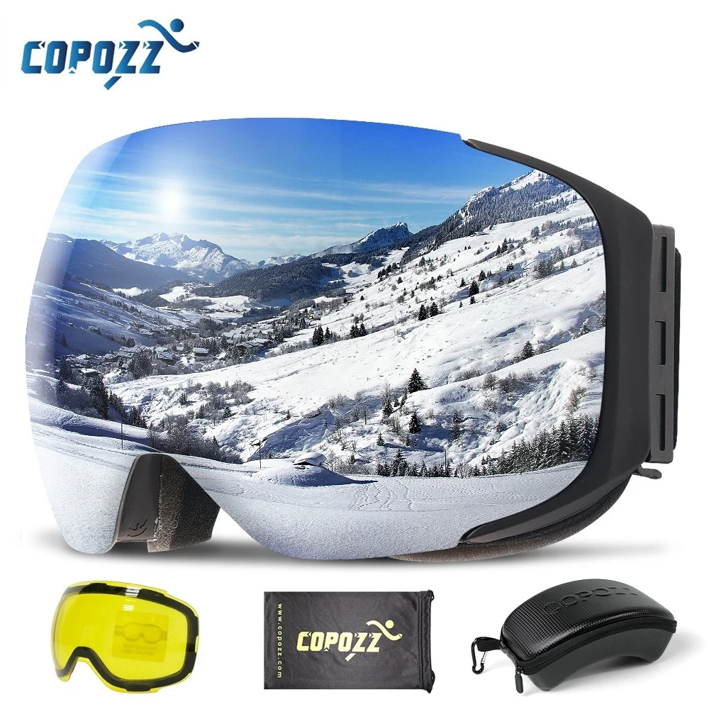COPOZZ Magnetic Ski Goggles with 2s Quick-Change Lens and Case Set UV400 Protection Anti-Fog Snowboard Ski Glasses for Men Women