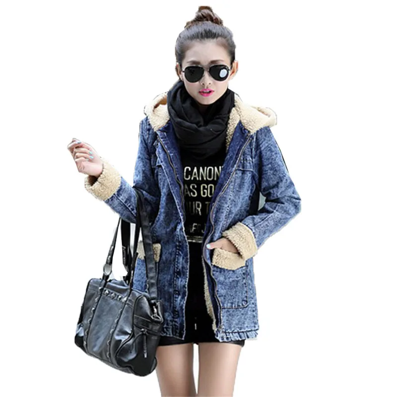 

Cowboy Trench Coat Cotton Coat Winter Large Size 4XL Long Hooded Lamb Hair Plus Velvet Denim Coat Winter Warm Coat Female A28