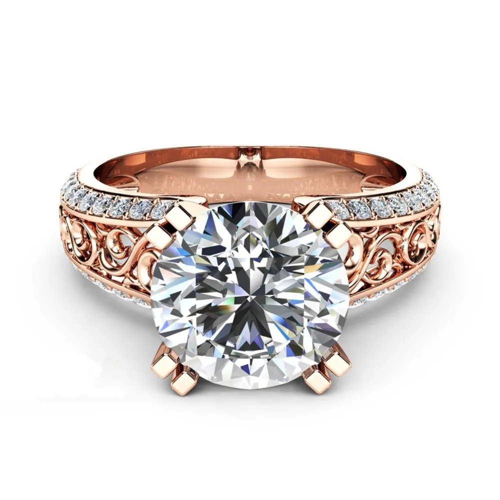 

Fashion 14K Rose Gold Plated Ring Carving Design with Shiny Zirconia for Women Engagement Wedding Gift Luxury Jewelry R499