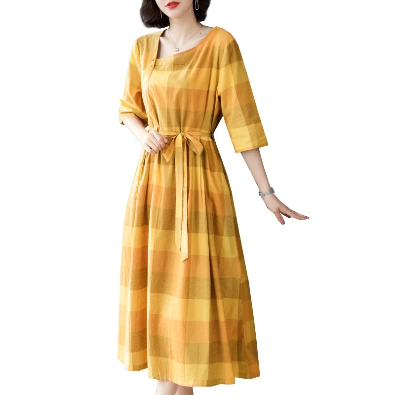 

Korean plaid cotton and linen dress new 2020 summer loose retro long casuall dresses