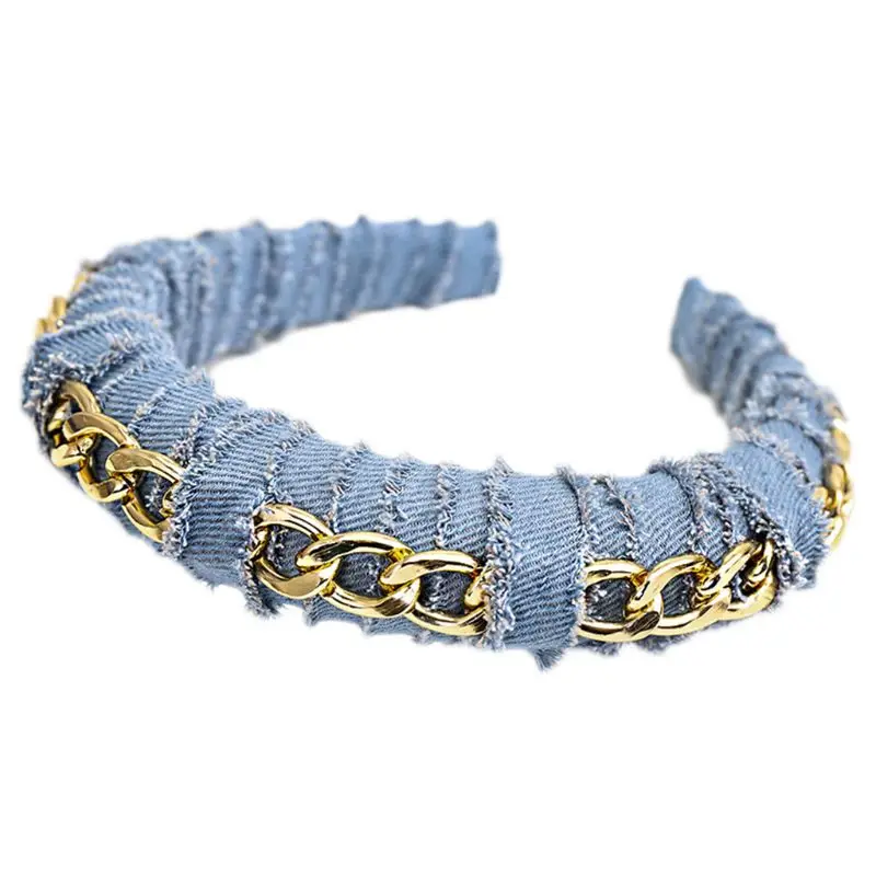 

Women Denim Cloth Twisted Striped Hair Hoop Metal Chain Sponge Padded Headband Y1QD